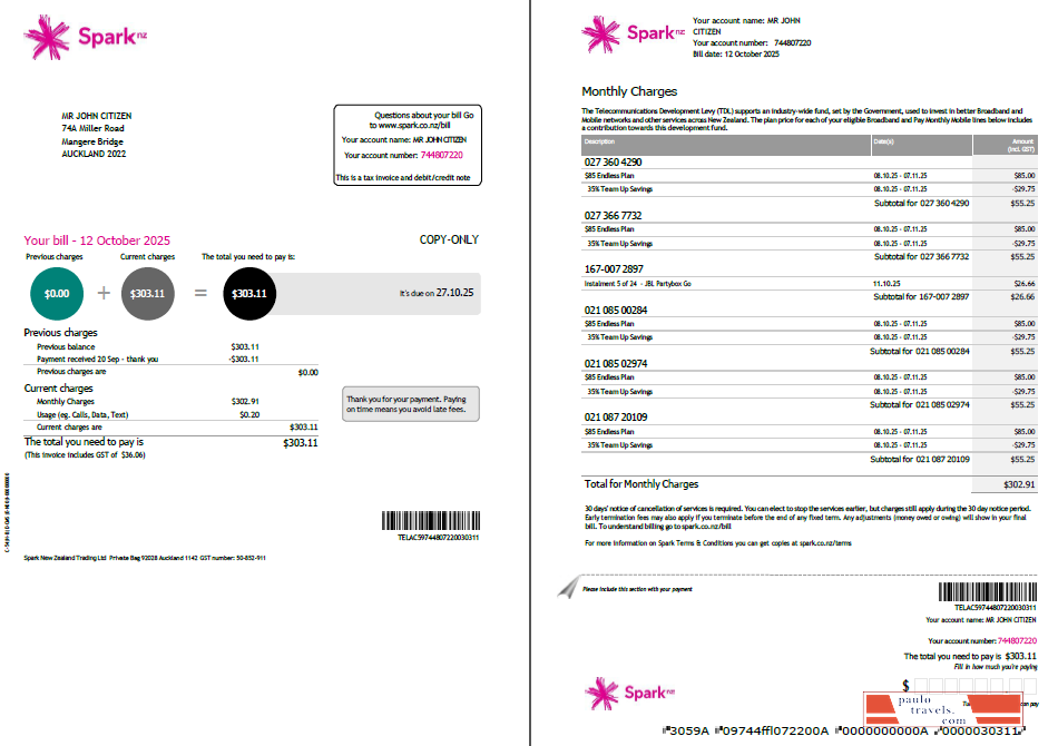 New Zealand Spark utility bill template in Word and PDF formats, 2 pages, version 2
